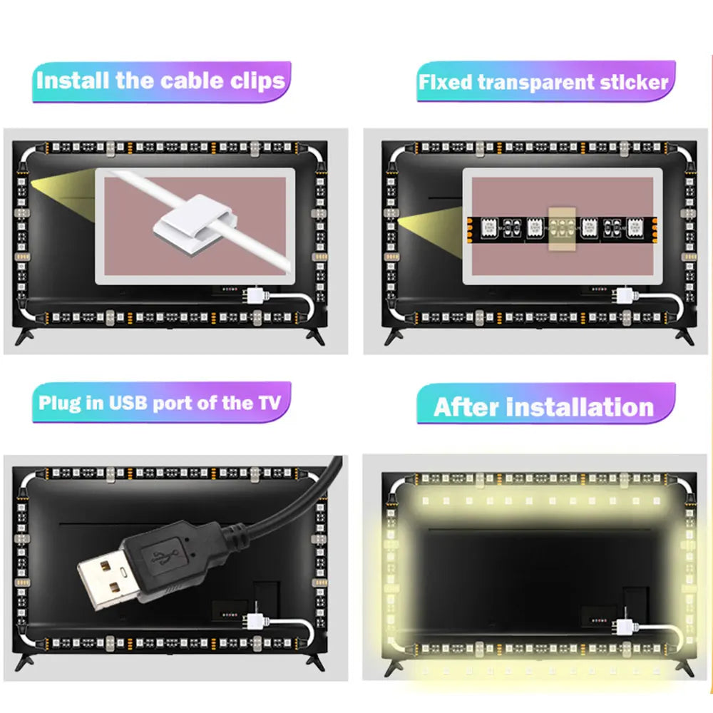 5V USB LED Strip Light, TV Backlight Strip with Remote Control, DIY Color Lighting, 49/49/55/58 inch, Decoration