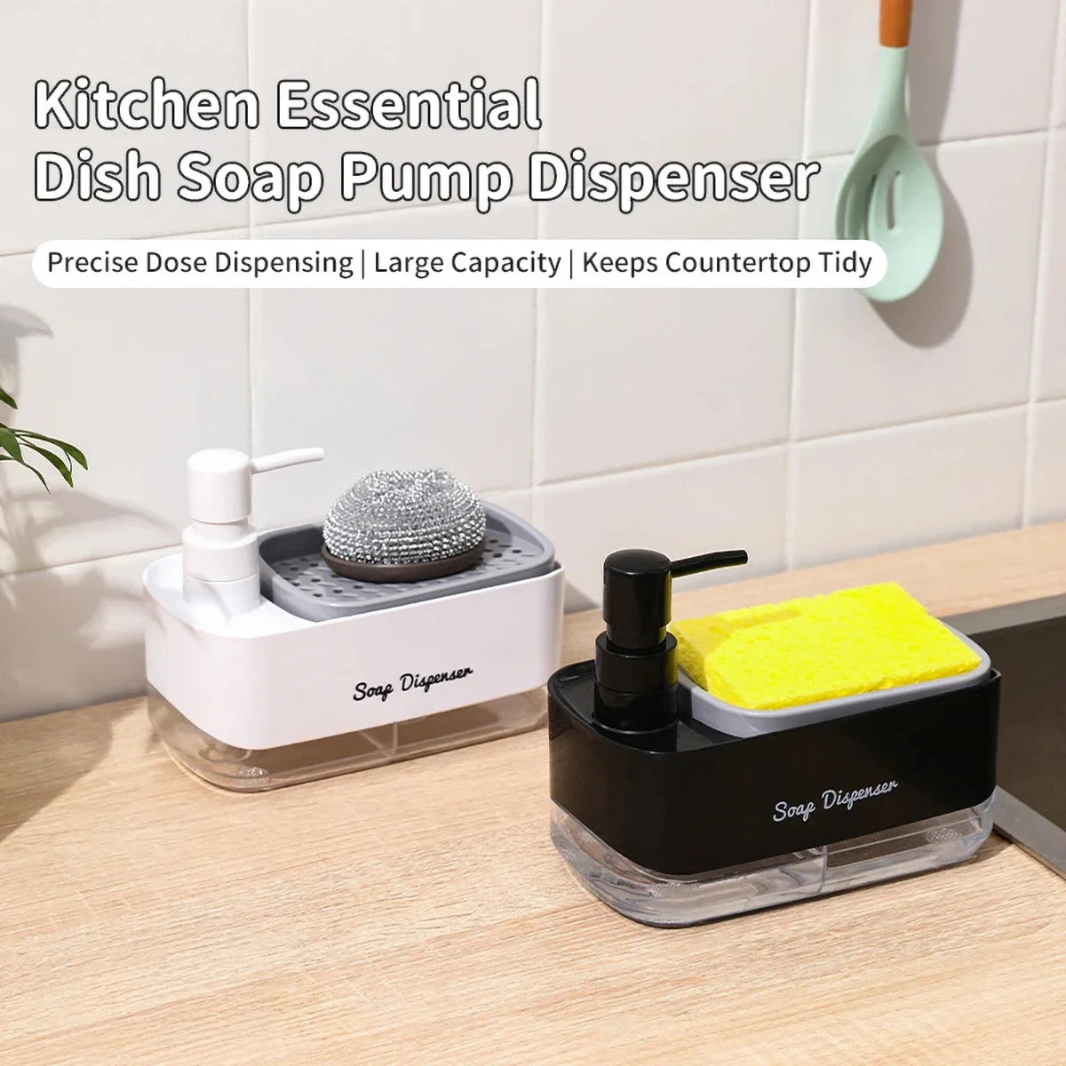 Ensemble distributeur de savon pour les mains et la vaisselle, distributeur de détergent, porte-éponge, pompe à savon de comptoir 2 en 1 pour évier de cuisine