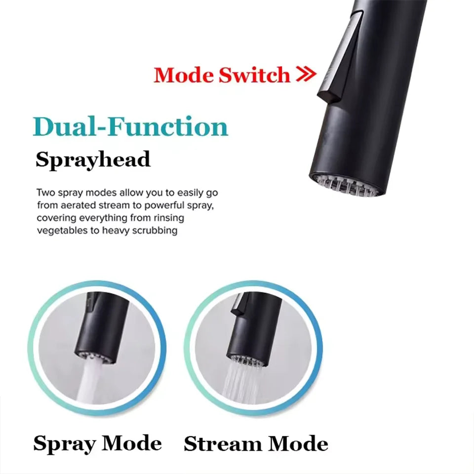 Flexible black cooking spaces, ribbed nozzle, stainless steel, hot and cold, 2 modes