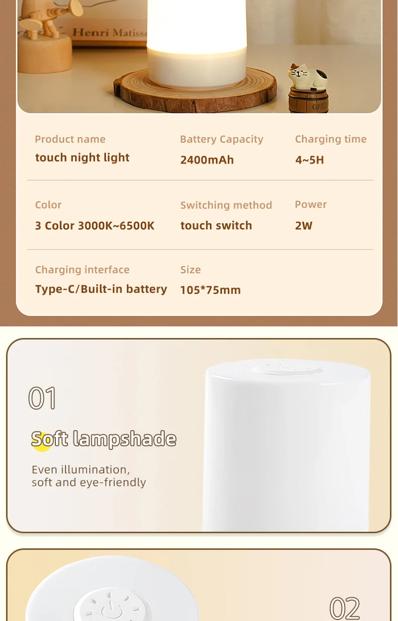 Veilleuse LED à capteur tactile pour enfants, lumière à intensité variable en continu, à côté de la lampe, chargement USB, lampe de table, veilleuse pour bébé, chambre à coucher