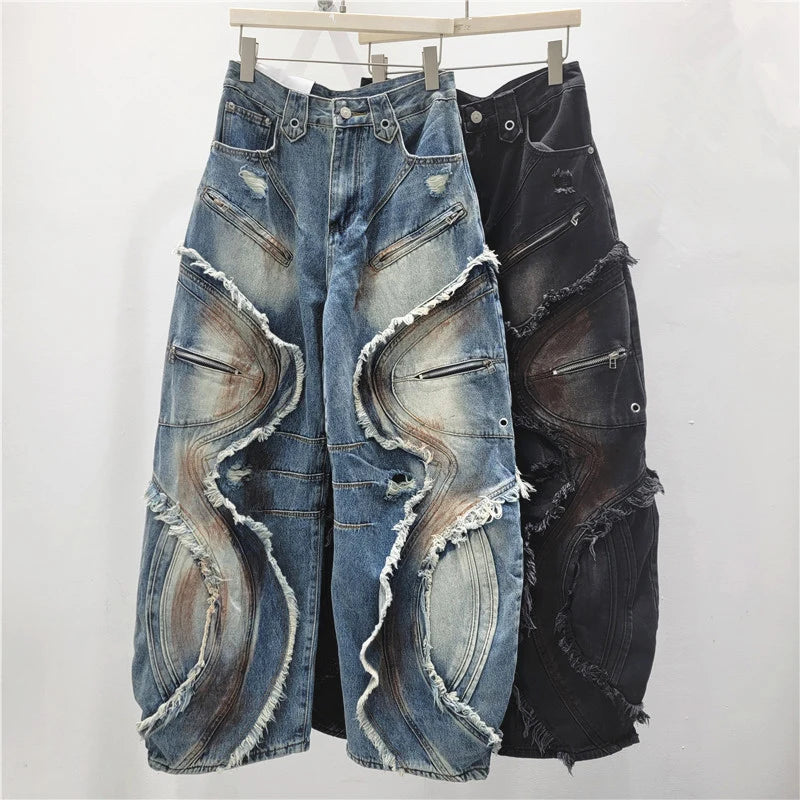 DEAT 2025 Autumn New Fashion Patchwork Burls Cargo Denim Pants for Women High Waist Loose Wide Leg Fashionable Jeans 11A06257