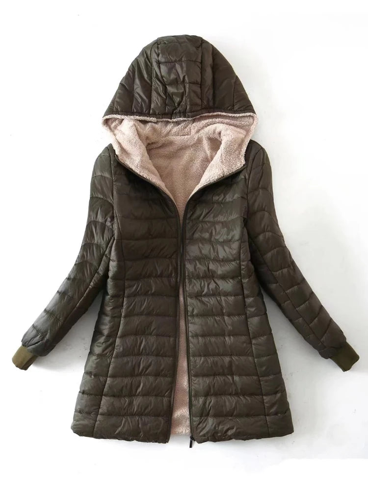 Women's Korean-style mid-length hooded cotton coat, warm lambswool coat and velvet jacket, new autumn and winter 2023 collection