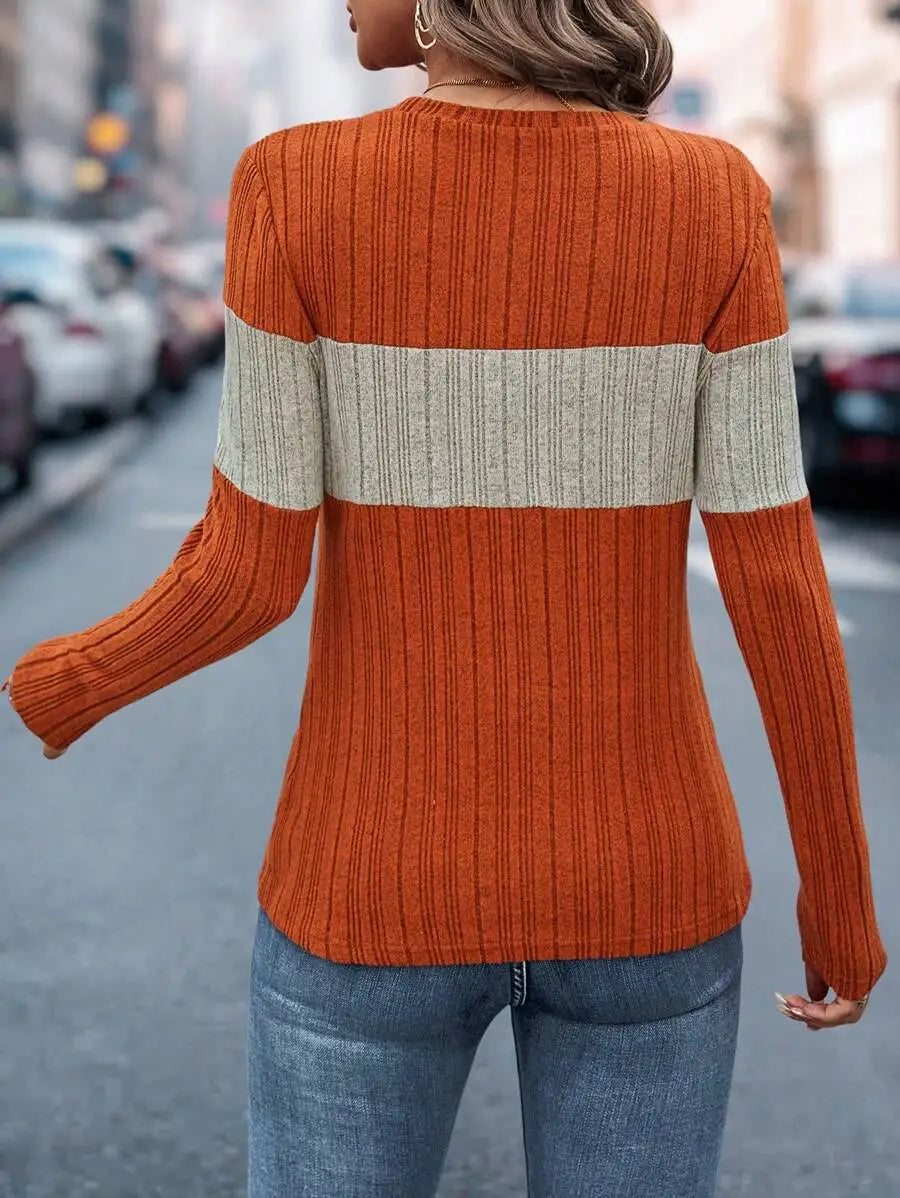 Pull à manches longues et col rond pour femme, décontracté, ample, couleur bloquée, Simple, automne, Ropa De Mujer, vêtements De transport