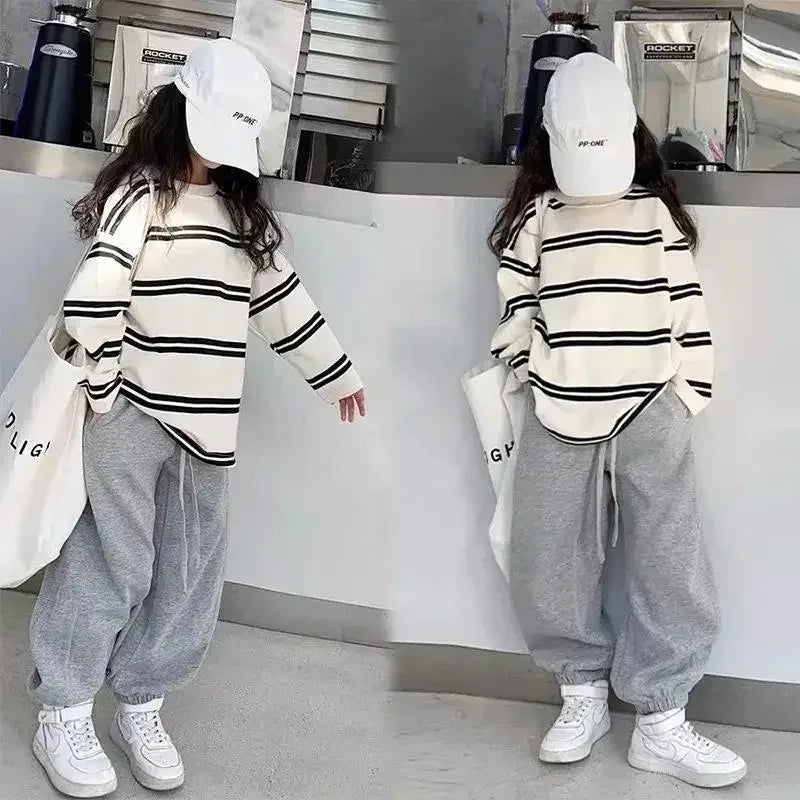 Ensemble de vêtements simples de Style coréen pour filles, 2 pièces, rayé à manches longues + pantalon ample, tenues pour adolescentes de 6 8 10 12 14 ans, 2025