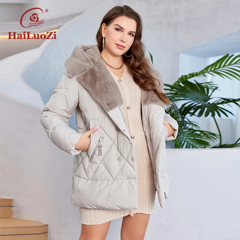 HaiLuoZi-Veste Courte à Capuche avec Fourrure pour Femme, Vêtement d'Hiver de Grande Taille, Design de Matelassage Indépendant, Grandes Poches, Combiné 2023, Nouvelle Collection 1163