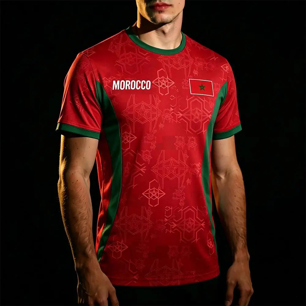 Maillot de football unisexe à séchage rapide et respirant pour homme, imprimé drapeau du Maroc 2026, personnalisable avec nom et numéro