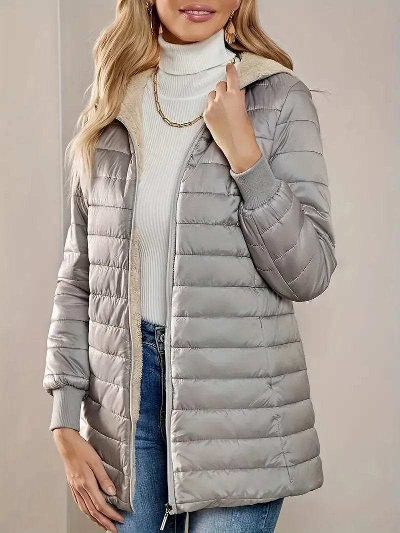 Women's fleece-lined cotton jacket, warm top, loose fit, lightweight, hooded, cotton coat, street style, trendy, autumn/winter