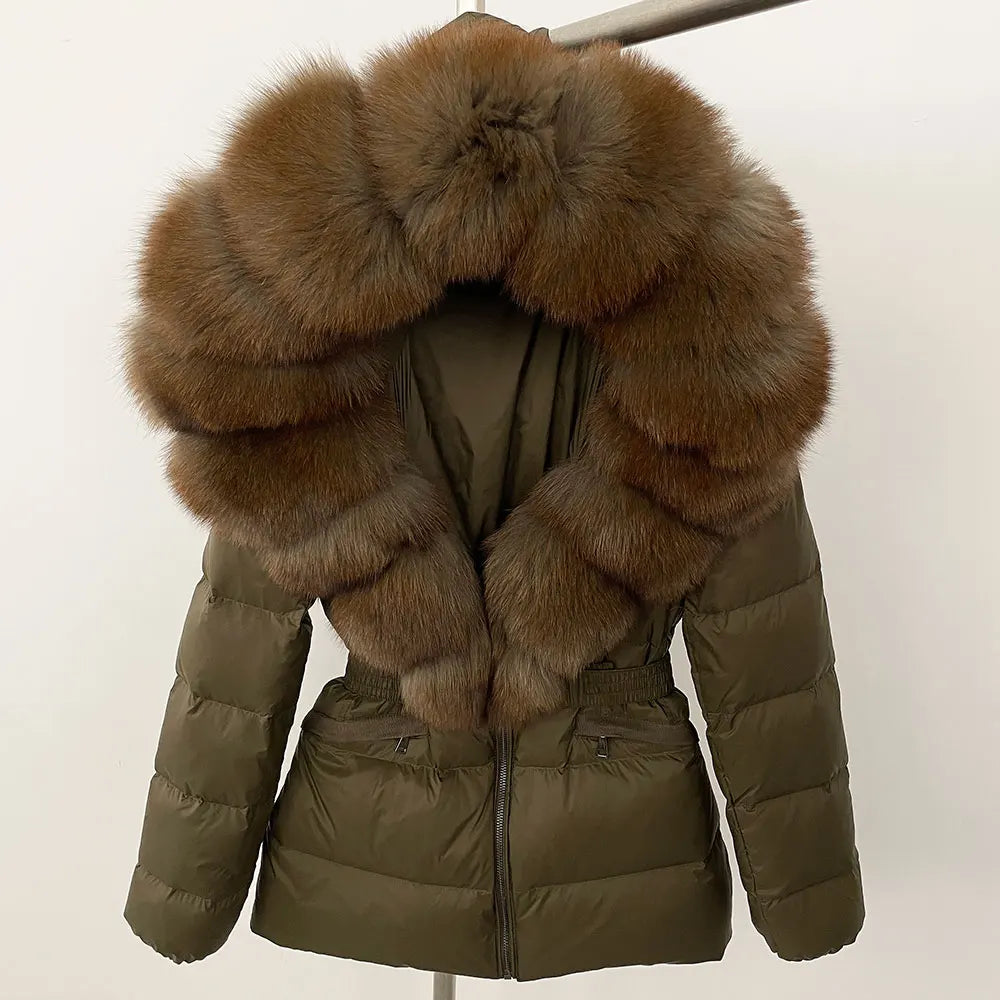 OFTBUY 2024 veste d'hiver femmes naturel réel raton laveur col de fourrure de renard à capuche blanc canard vers le bas manteau ceinture épais chaud vêtements d'extérieur décontractés