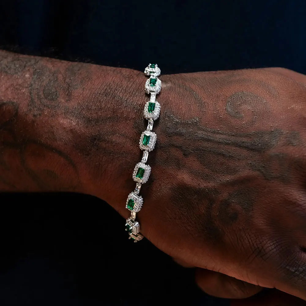 ESEllEM-Bracelet en Émeraude Glacée pour Femme, Bijoux à la Mode, Diamants, Coupe Coussin, Or Blanc, Incrusté Vert, Baguette Zcomprend