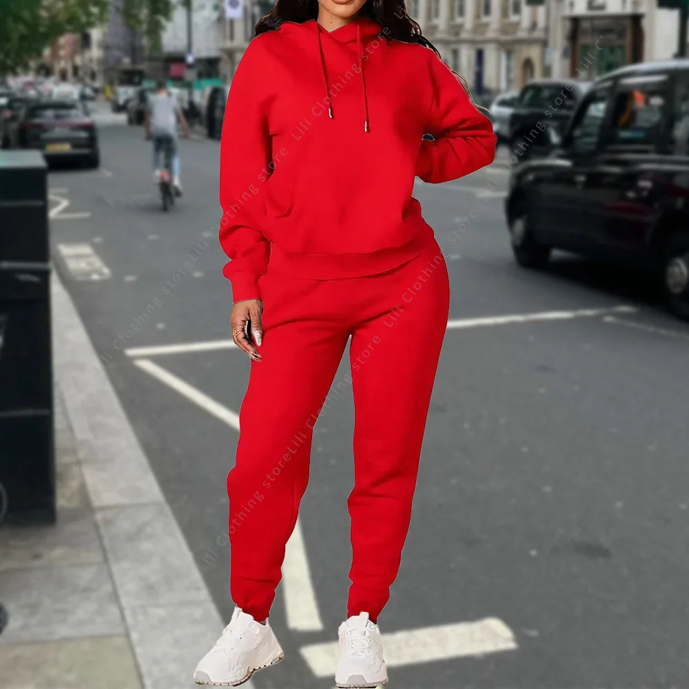 Ensemble deux pièces à capuche et pantalon pour femme, basique, vierge, automne-hiver, sweat-shirt surdimensionné, coupe ample, survêtement féminin