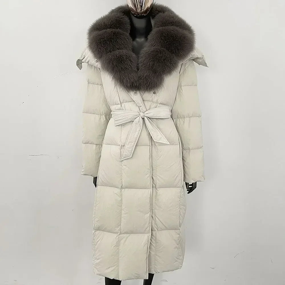 Veste d'hiver chaude et élégante pour femme, avec ceinture à capuche, simple boutonnage, col en vraie fourrure de renard, manteau épais et ample en duvet de canard blanc