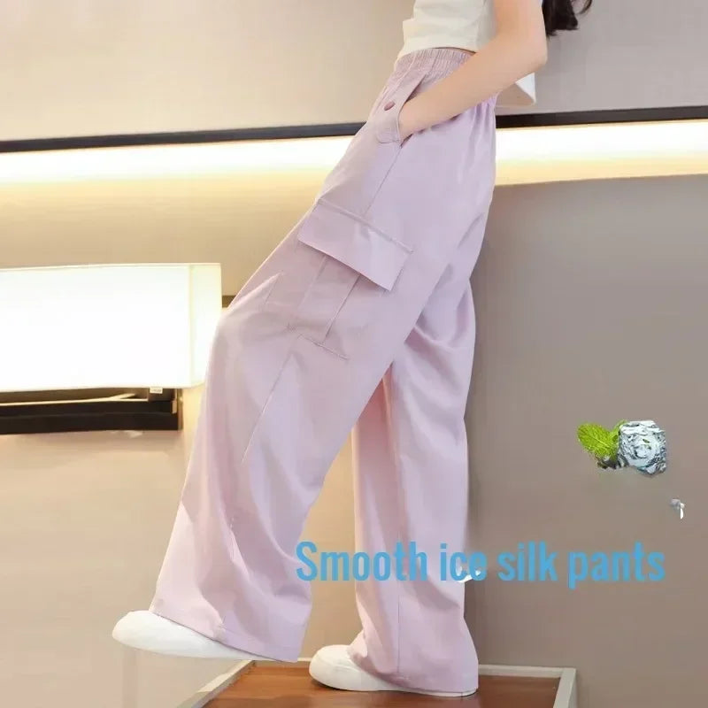 1 pièces filles vêtements pantalons filles à jambes larges enfants glace soie salopette nouveau anti-moustique pantalon sport Style vêtements porter à l'extérieur