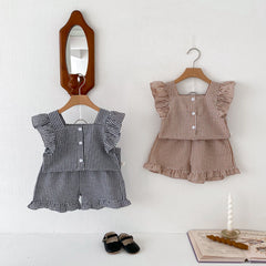 Tenue d'été pour enfants de 2 à 6 ans, vêtements pour bébés filles, chemisiers sans manches à carreaux + short, ensemble deux pièces