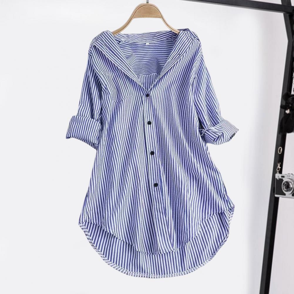 Chemisier Tunique Femme Rayé à Manches Longues Col V Mi-long Col Rabattu Coupe Ample Décontracté Élégant Été Tailles M-4XL