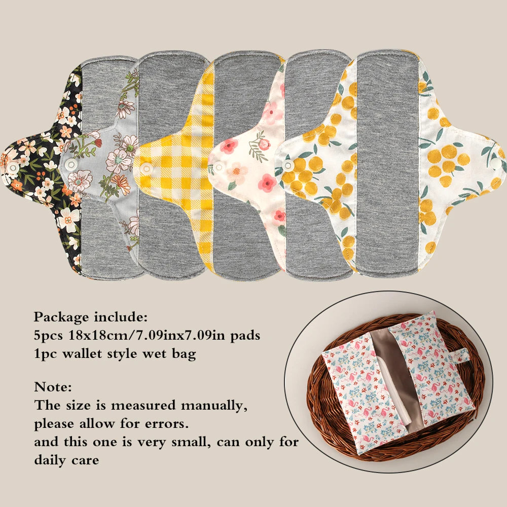 Serviettes hygiéniques antidérapantes, 5 pièces, doublure en graphène, tissu en coton, serviettes hygiéniques respirantes et lavables pour femmes, période avec sac humide