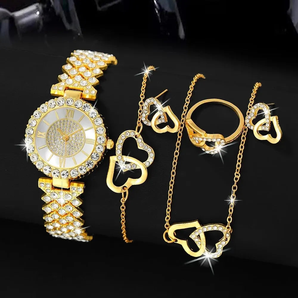 Ensemble de montre-bracelet à quartz pour femme, horloge pour femme, cadran romain, design de marque de luxe, décontracté, 6 pièces