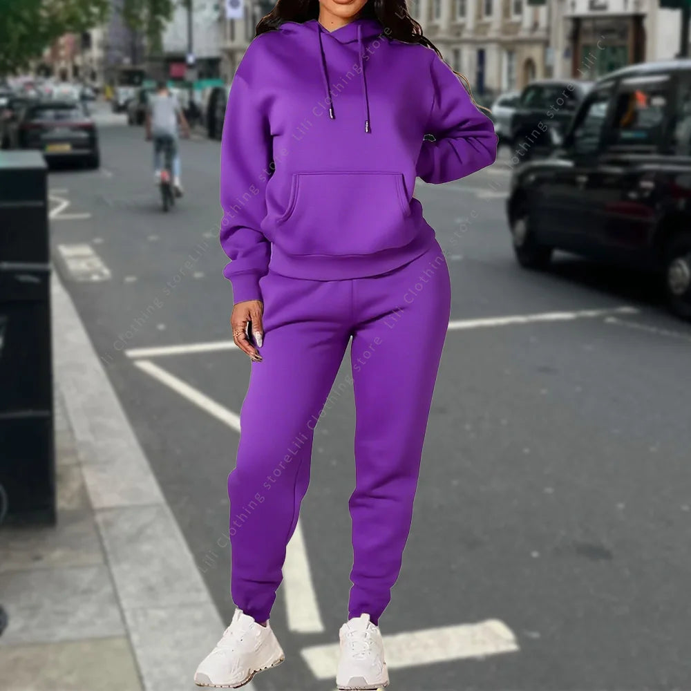 Ensemble deux pièces à capuche et pantalon pour femme, basique, vierge, automne-hiver, sweat-shirt surdimensionné, coupe ample, survêtement féminin
