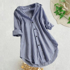 Chemisier Tunique Femme Rayé à Manches Longues Col V Mi-long Col Rabattu Coupe Ample Décontracté Élégant Été Tailles M-4XL