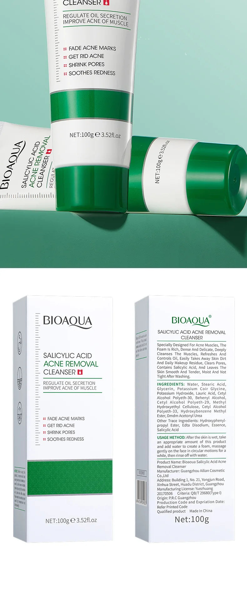 BIOAQUA acide salicylique nettoyant pour le visage traitement de l'acné hydratant contrôle de l'huile soin de la peau mousse de lavage du visage nettoyant pour le visage soins de la peau
