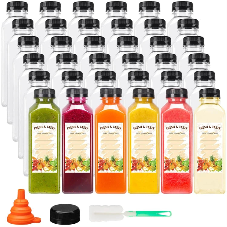 Bouteilles de jus de 500ML avec bouchons, bouteilles vides transparentes réutilisables avec entonnoir à brosse et étiquettes pour smoothies et autres boissons YY177