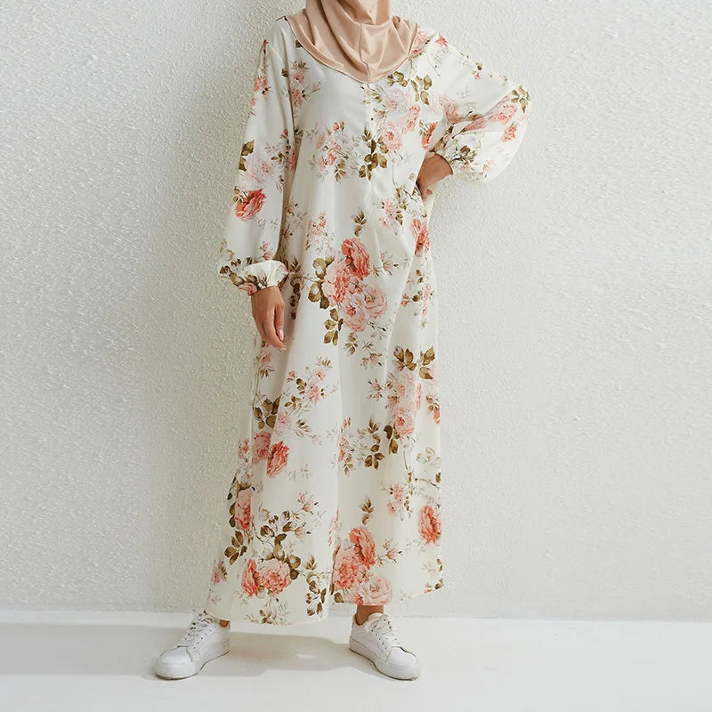 Women's Pop Eid Muslim Abaya Ramadan Moroccan Arabic Pockets Long Floral Dress Dubai Caftan Islamic Abayas Zippers Casual Dresses