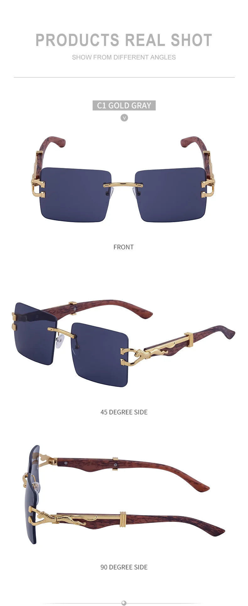 Frameless square wooden sunglasses for men and women, vintage, fashionable, luxury, retro, 2023