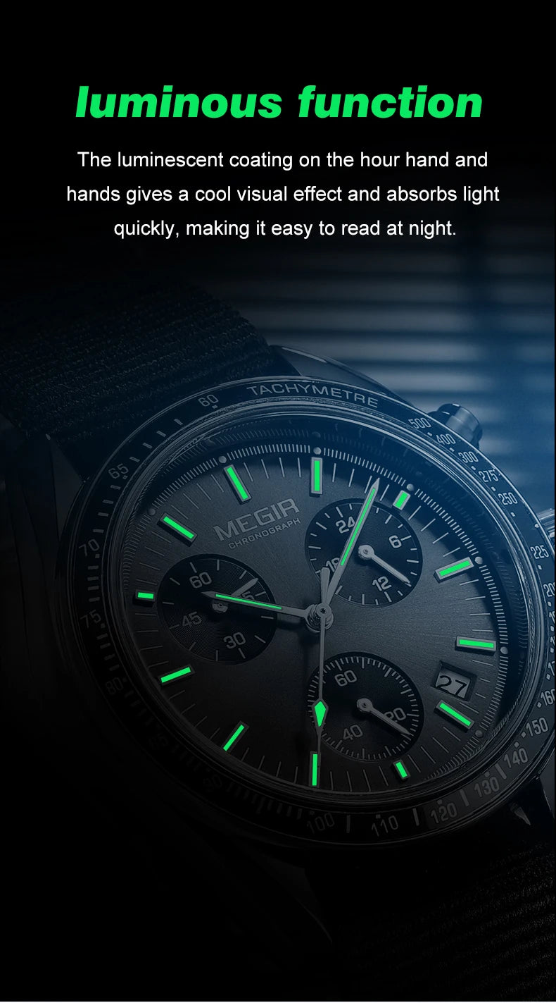 MEGIR montre à Quartz à trois yeux pour hommes bracelet tressé en Nylon étanche sport lumineux avec chronographe montre-bracelet de mode homme
