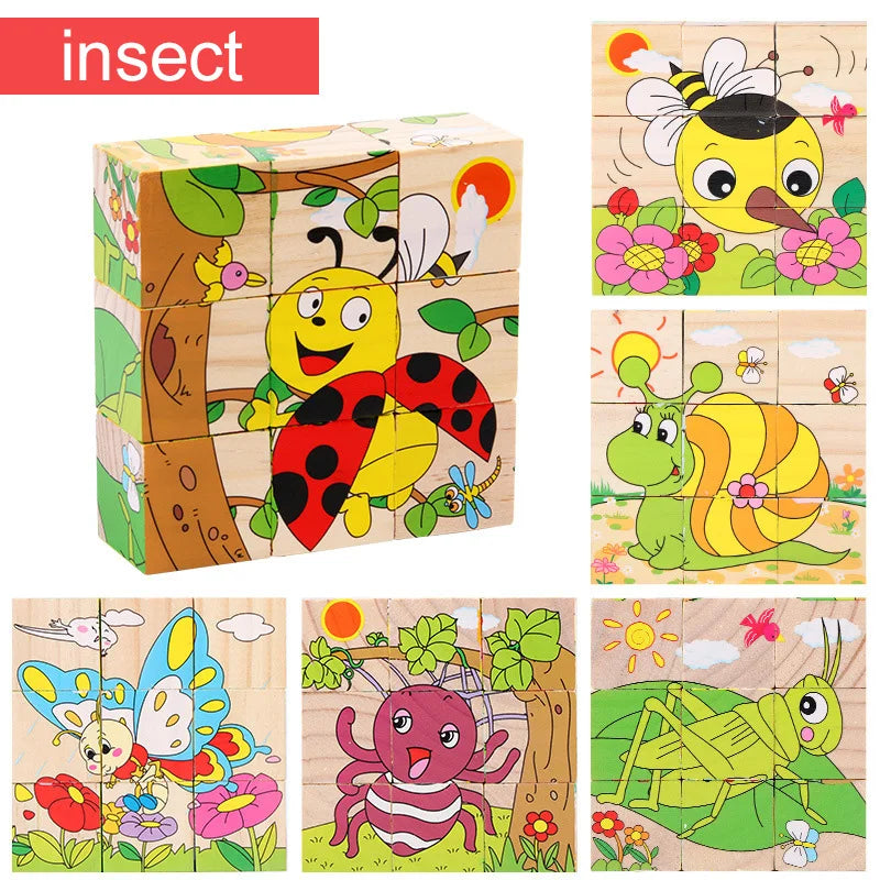 Puzzle en bois peint sur Six côtés, blocs de construction d'animaux de la circulation tridimensionnels, jouets d'éducation précoce Montessori TMZ