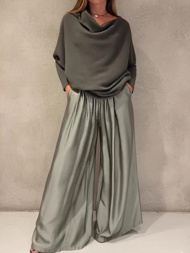Elegant Off-the-Shoulder Satin Top and Wide-Leg Pants Set, Slash Neck, Irregular Fashion, Solid, Commuter Outfits, Simple Loose Sets for Women