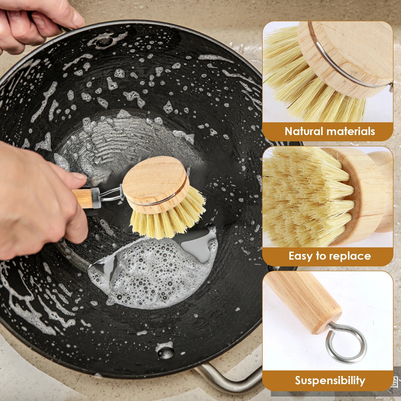 Brosses à vaisselle en bambou remplaçables, épurateurs de nettoyage en bois de cuisine, outil de nettoyage ménager, 4/5 pièces