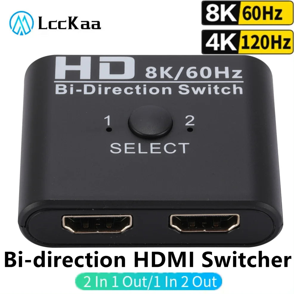8K 60Hz 4K 120Hz HDMI Switch, 2-Port Bidirectional HDMI Splitter Switch for Laptop, Xbox, PS3/4, TV Box, and Projector/TV Monitoring