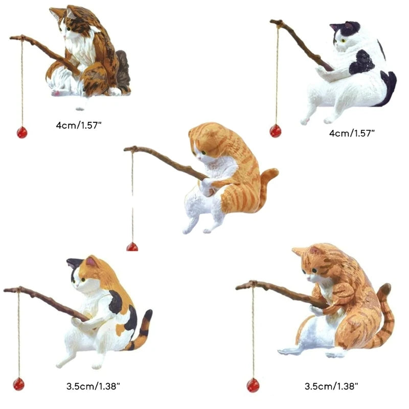 Fish-inspired fishing cat ornaments, mini resin figurine, cartoon cat statue for home office aquarium decoration