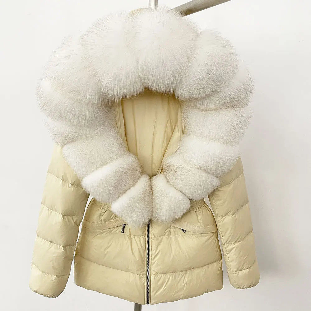 OFTBUY 2024 veste d'hiver femmes naturel réel raton laveur col de fourrure de renard à capuche blanc canard vers le bas manteau ceinture épais chaud vêtements d'extérieur décontractés