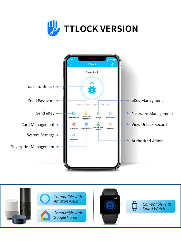 Serrure intelligente pour porte coulissante étanche, application TTLock Alexa, Code numérique par empreinte digitale, carte RFID, Anti-serrure électronique en verre d'aluminium