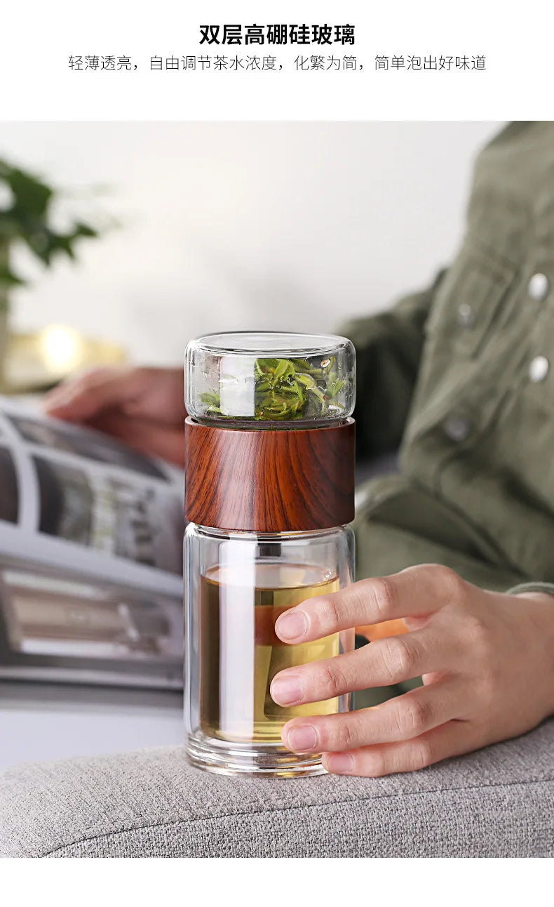 Bouteille d'eau en verre double de haute qualité avec étui, bouteille de clics de thé, infuseur, gobelet, verres, bouteille d'eau écologique