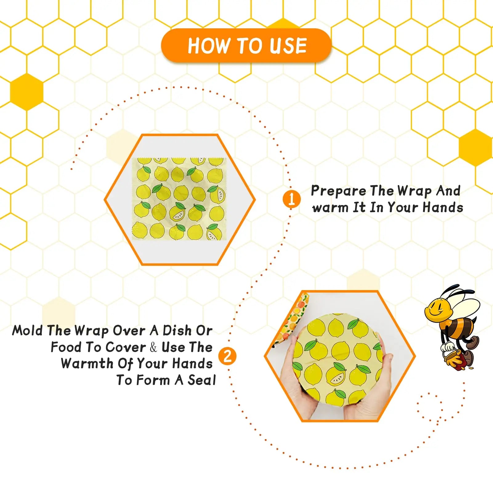 Beeswax Food Wrap 3-Piece Set, Reusable Eco-Friendly Organic Cotton Wax Fabric, Household Plastic Wrap Replacement, Washable Lemon Pattern