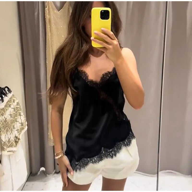 Été femmes haut à licou Satin dentelle épissé réservoir dos nu col profond Sexy gilet ourlet irrégulier robes 2025 dame vacances Sexy hauts