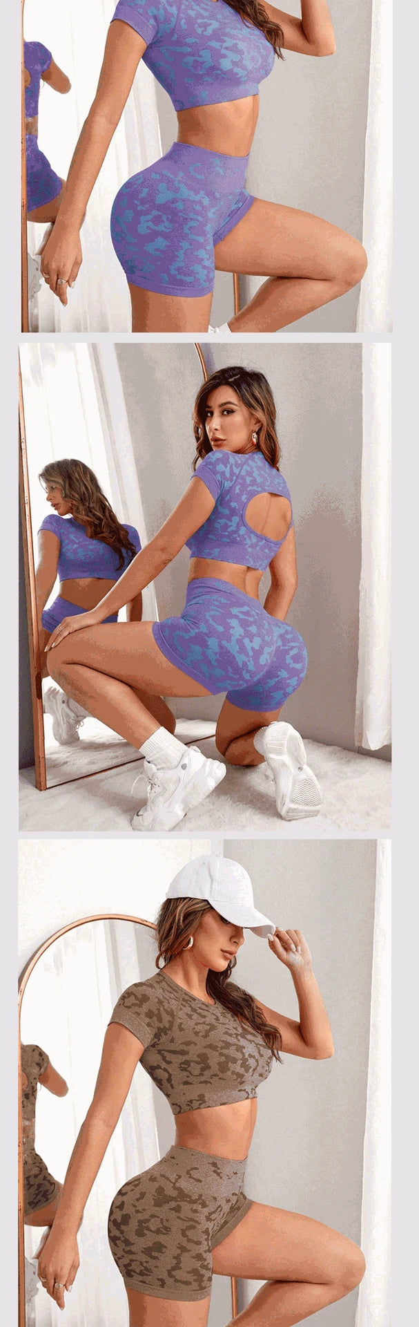 Women's camouflage sports set, seamless knit shorts, openwork top, sexy, suitable for gymnastics, running, Pilates, high waist, hip lifting, and yoga.