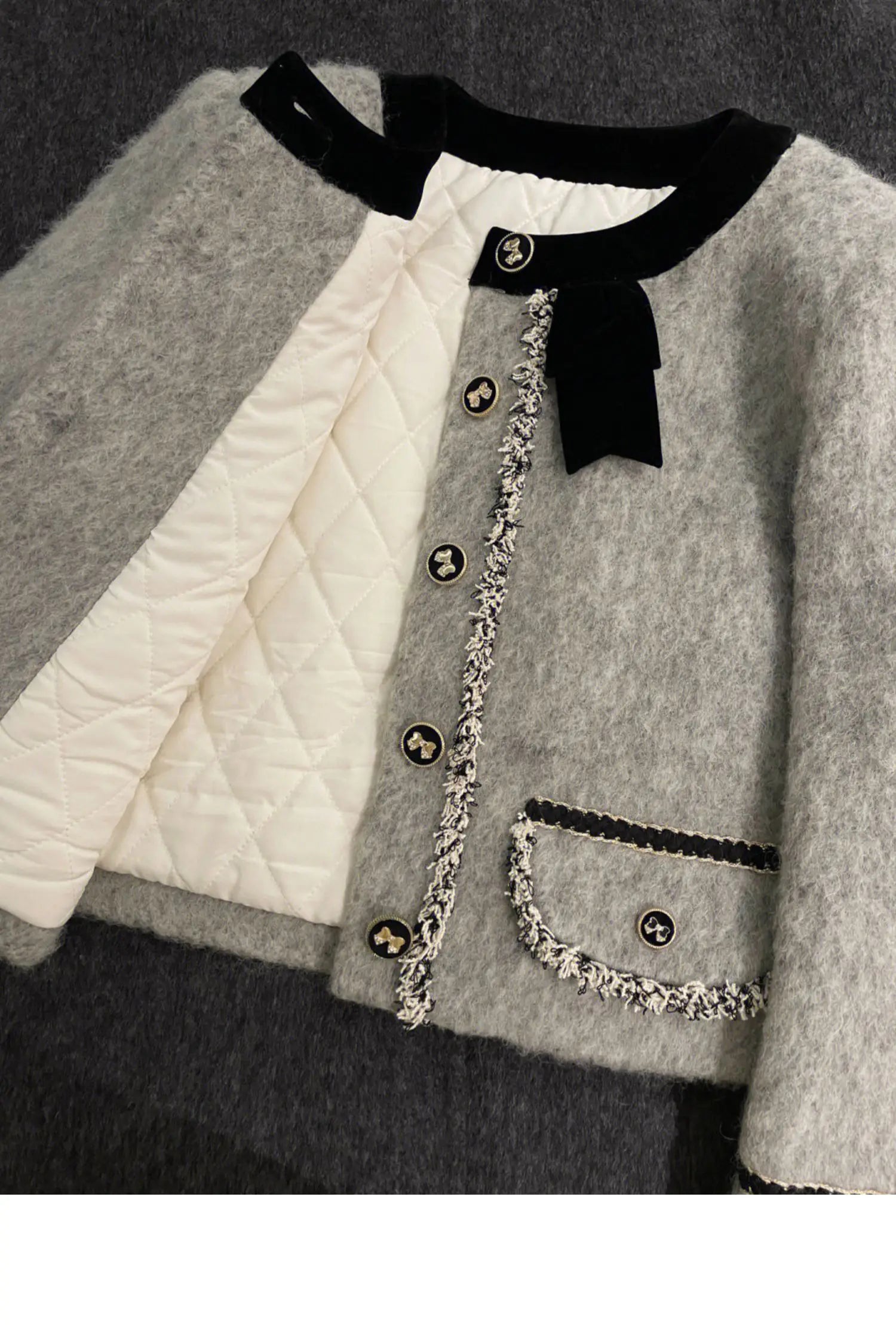 Manteaux matelassés épais mélanges veste en laine grise haut court hiver Vintage mince une ligne jupes femmes deux pièces ensembles costume à nœud Y2k