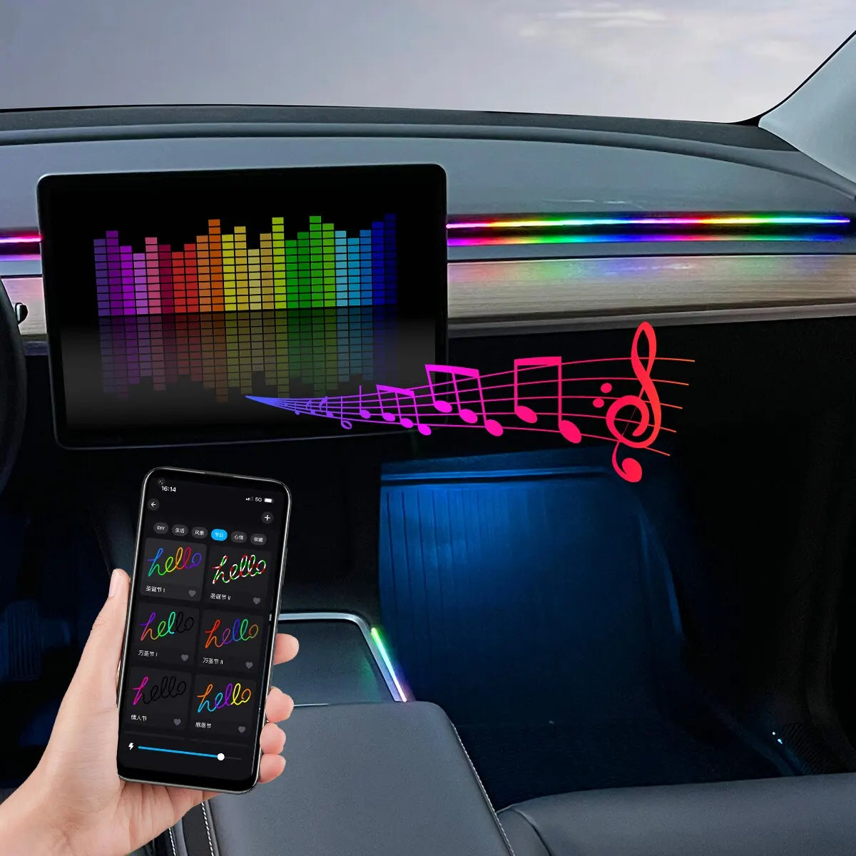 Lumière ambiante LED USB pour voiture, bandes acryliques 64 couleurs, RVB pleine couleur, intérieur de voiture, application cachée, télécommande, lampe de escale, 110cm