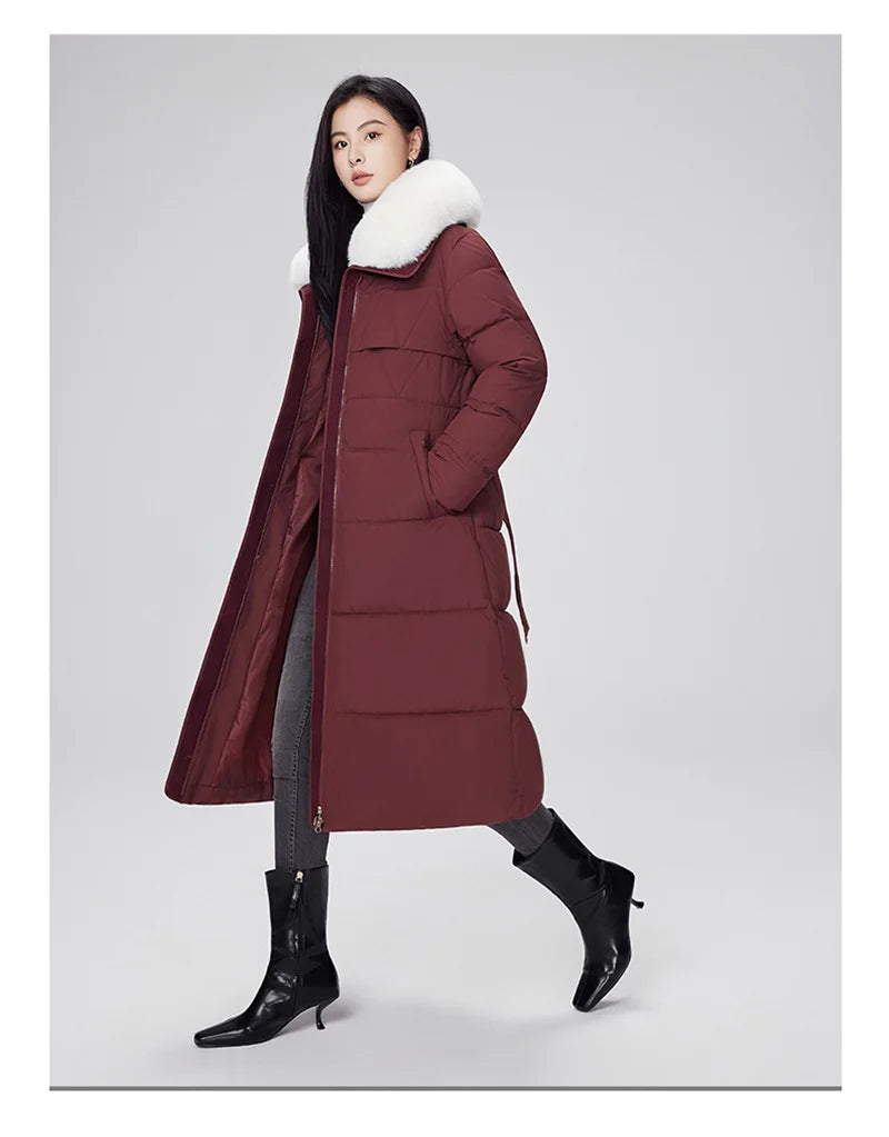 Parka d'hiver à col en fourrure pour femme, veste x-longue rembourrée en coton, manteau épais et chaud, Streetwear avec ceintures, vêtements d'extérieur Slim, à la mode, 2025