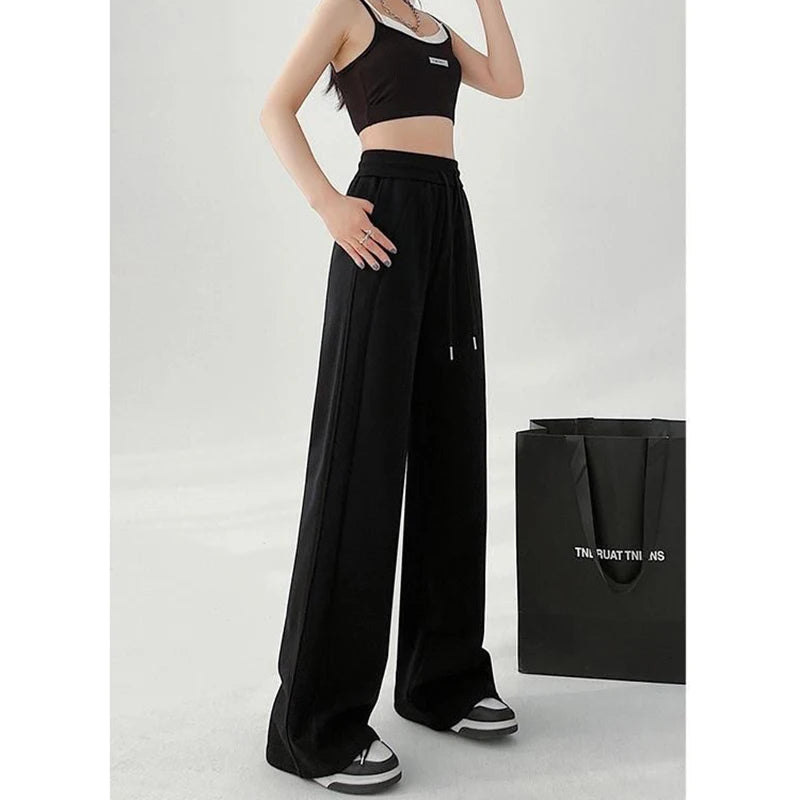 Femme classique coréen taille haute pantalons de survêtement femmes coupe ajustée pantalon confortable filles jambe droite mince pantalons décontractés