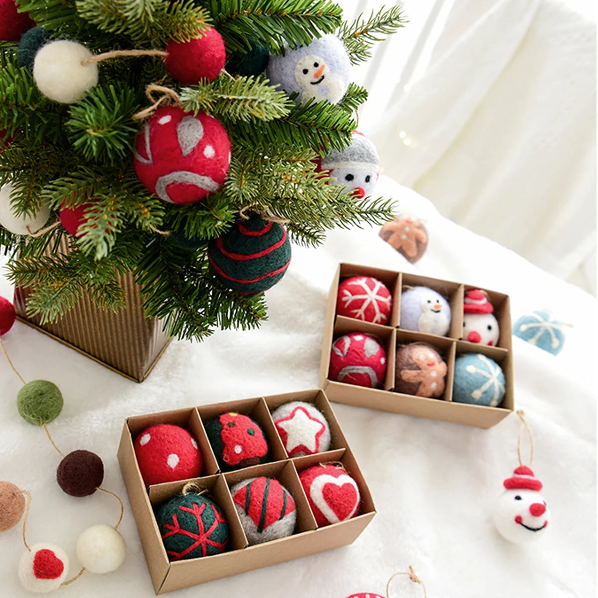 6 felt Christmas decoration balls, small hanging snowflakes, snowman garland, Christmas tree decorations, Christmas gifts