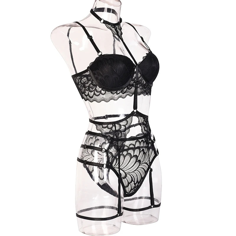 Ensembles de Lingerie érotique pour femmes, jarretelles en dentelle, soutien-gorge et culotte transparents, Costumes Porno féminins, col licou en V profond, ensemble de sous-vêtements Sexy