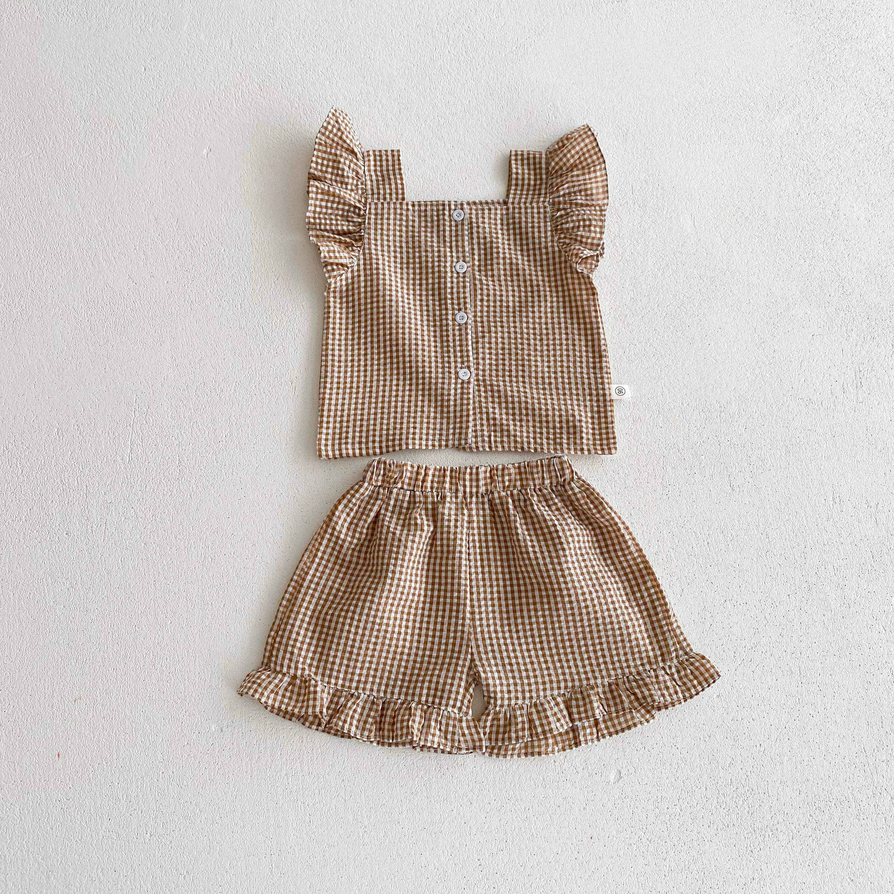 Tenue d'été pour enfants de 2 à 6 ans, vêtements pour bébés filles, chemisiers sans manches à carreaux + short, ensemble deux pièces