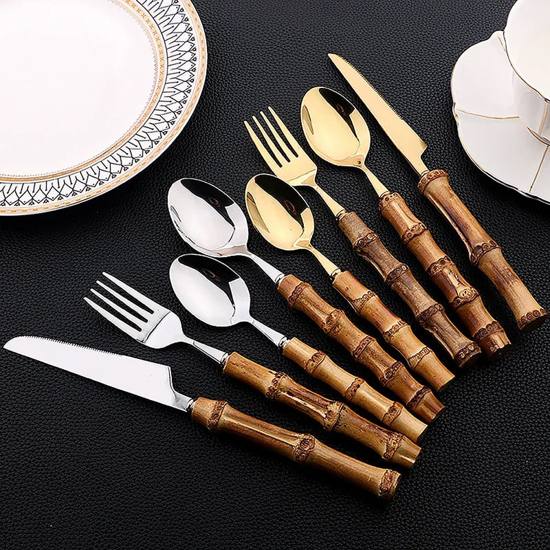 24 pièces ensembles de vaisselle en bambou ensemble de couverts en bambou en acier inoxydable poignée purement naturelle ensemble de couverts vaisselle couteau à Steak couverts