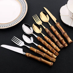 24 pièces ensembles de vaisselle en bambou ensemble de couverts en bambou en acier inoxydable poignée purement naturelle ensemble de couverts vaisselle couteau à Steak couverts