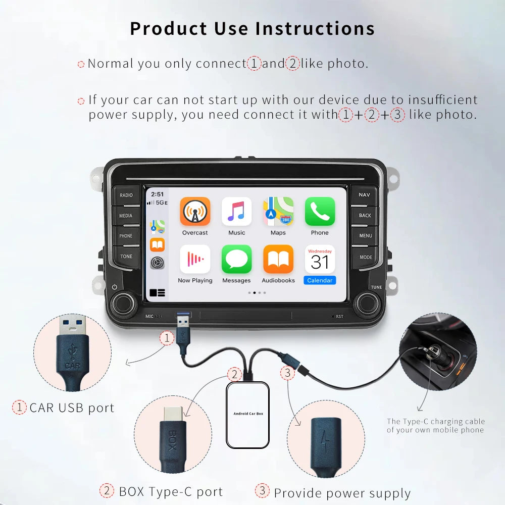 2025 New Android 14 CarPlay Ai Box 4G + 64G Wired to Wireless 3-in-1 Smart Dongle Plug and Play for YouTube Nexflit Wifi Mini Box