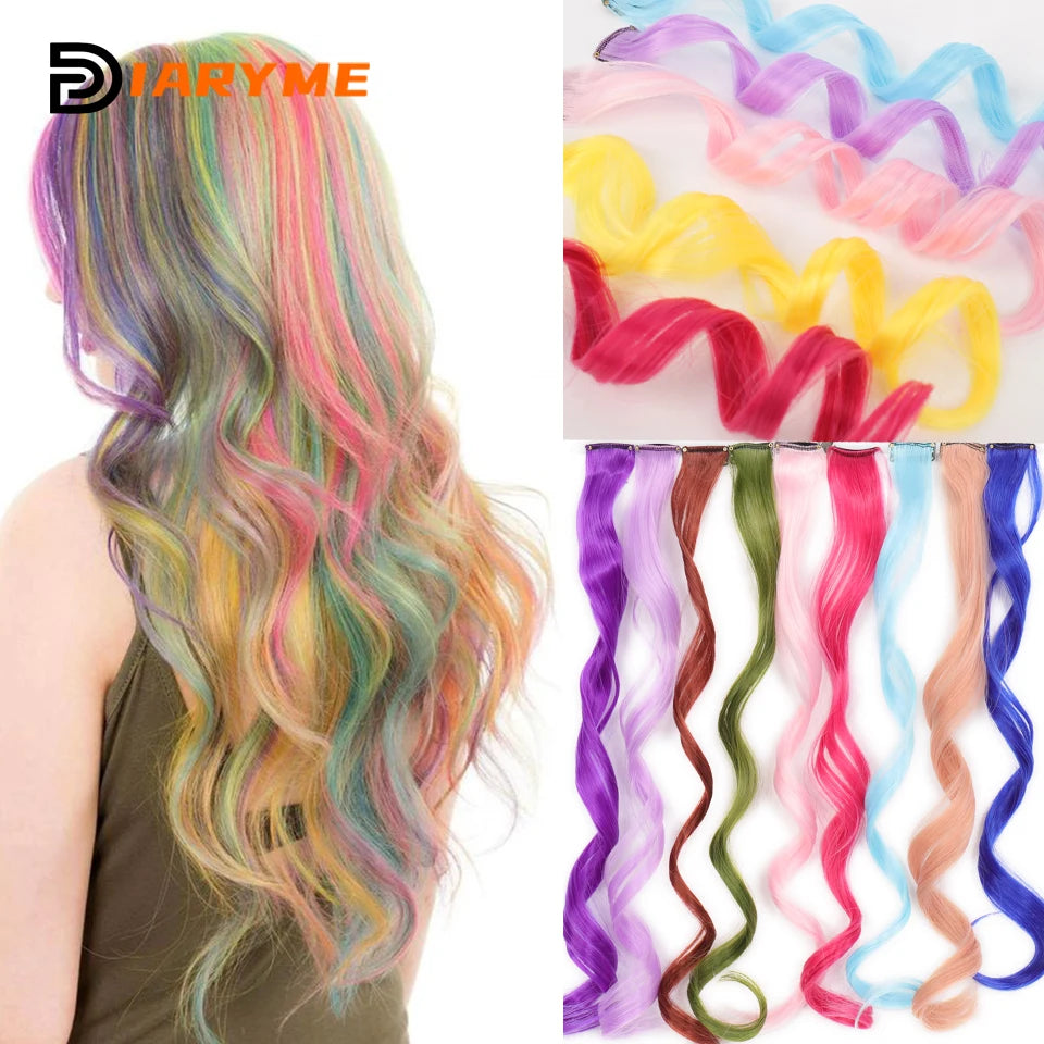 Colorful curly synthetic hair extensions for girls, long clip-in hairpiece, multicolored party strands, wig piece, for women and children
