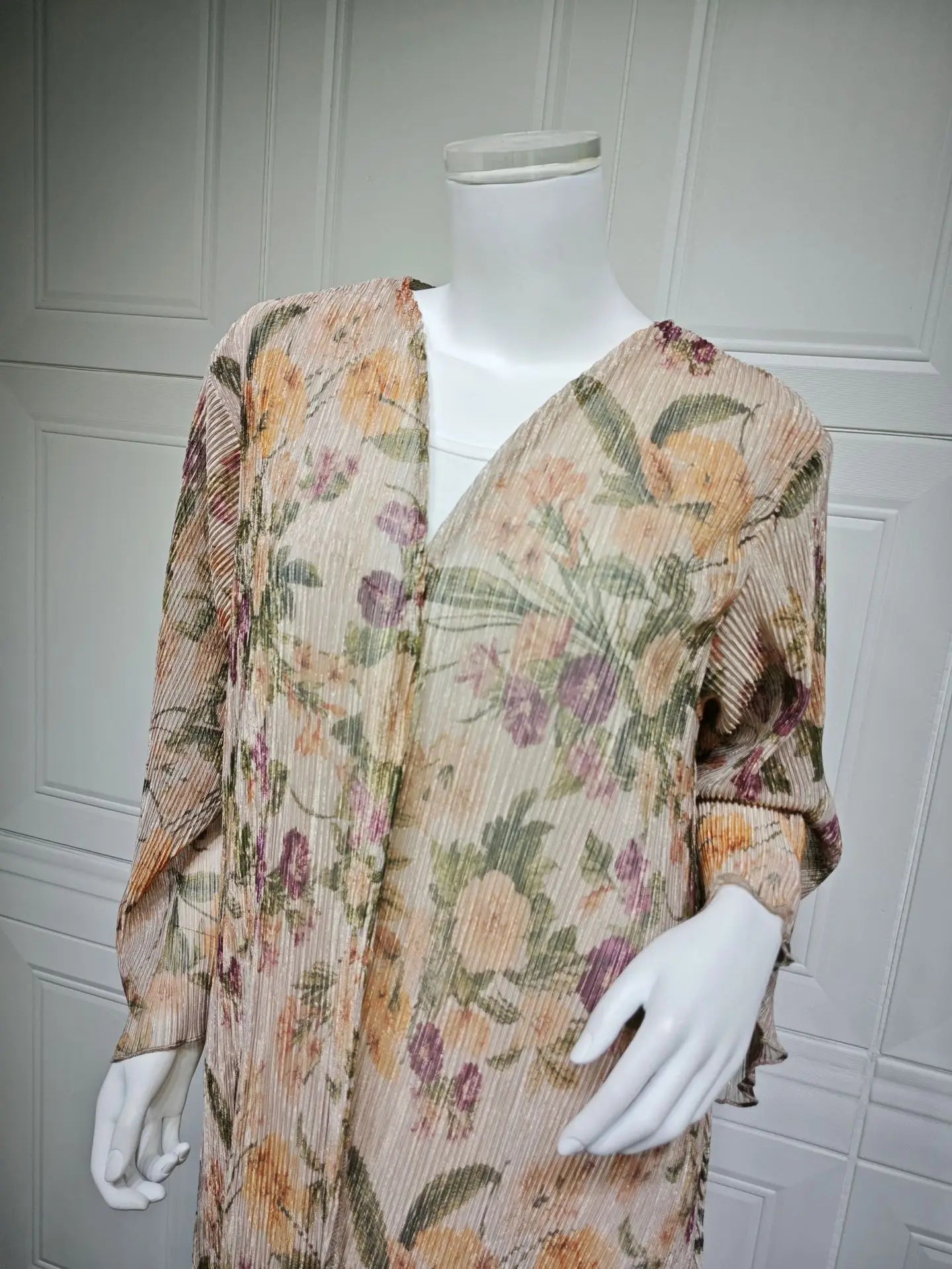 Luxury Dubai Women's Abaya Hijab Included Muslim Elegant Floral Print Pleated Open Long Sleeve Cardigan Caftan
